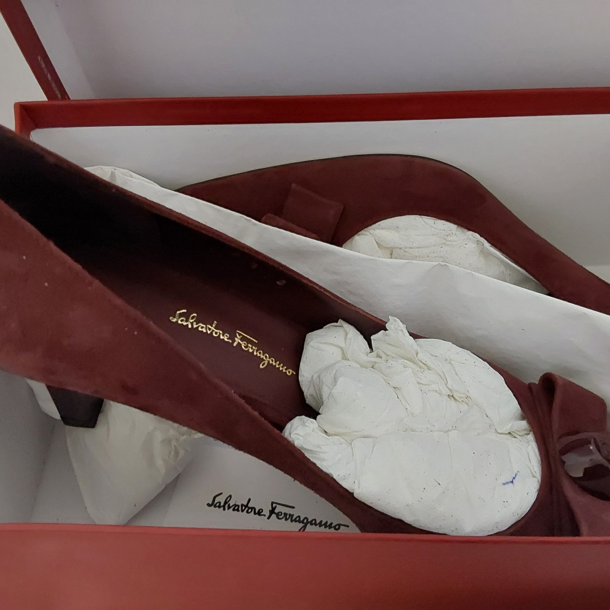 Salvatore Ferragamo Dark Maroon Suede Bow Pumps
